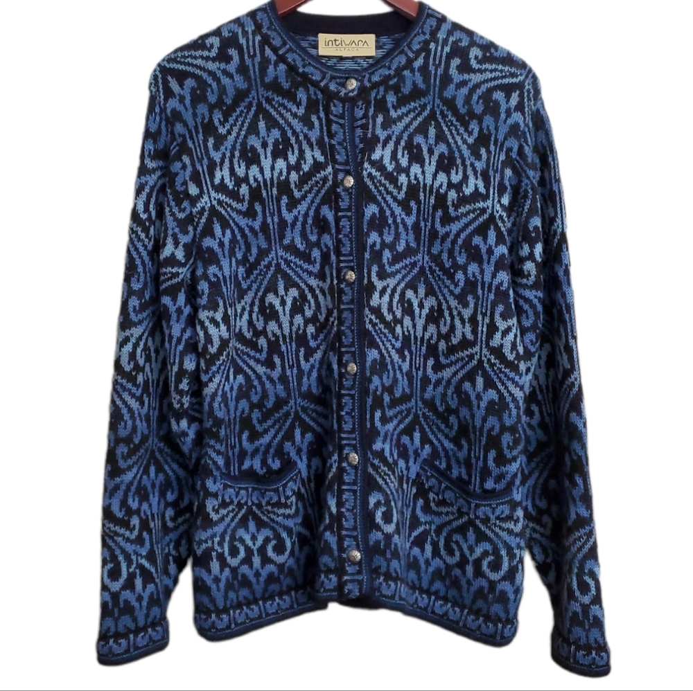Intiwara 100% Alpaca Metal Button Cardigan Sweater Pockets Blue Black La…